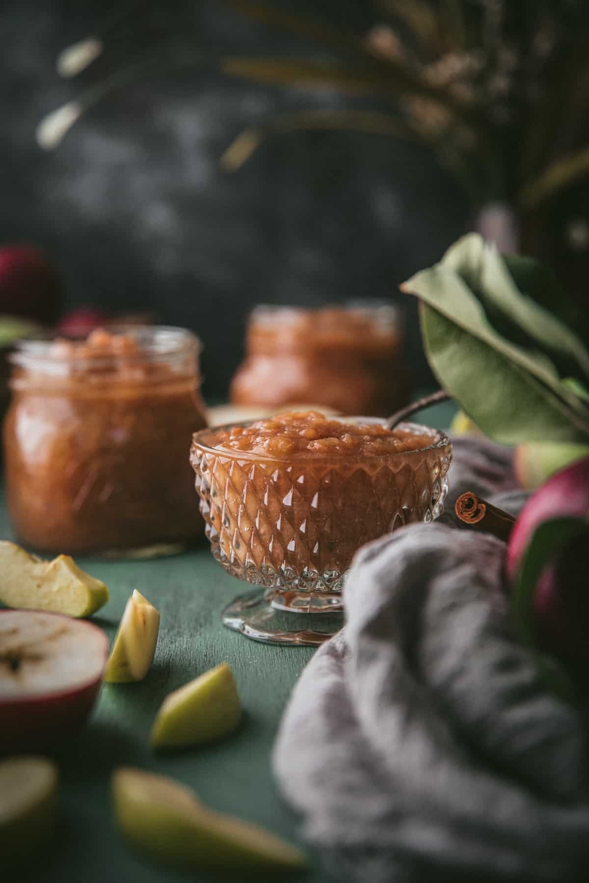 spoon in a dish of applesauce