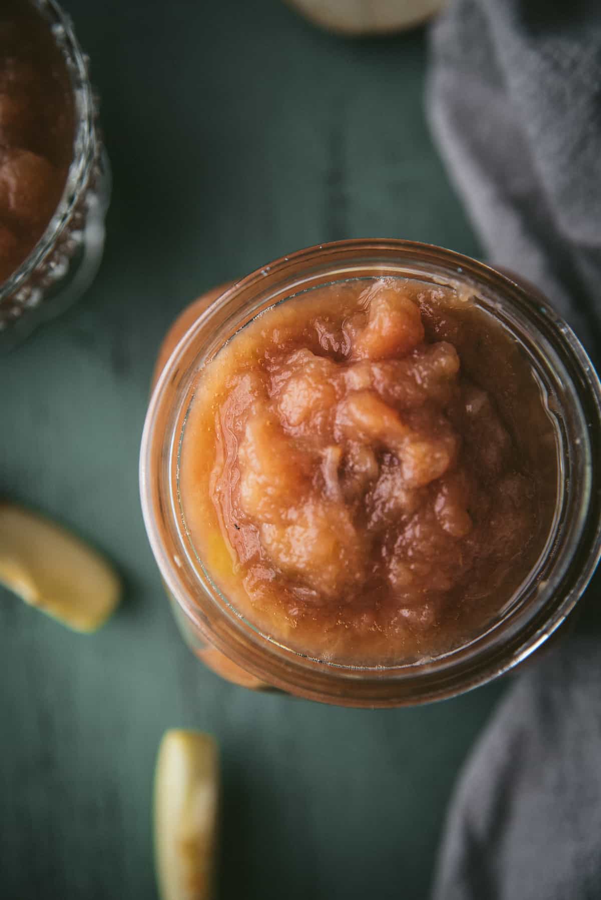 overhead close up of chunky cooked apples in a jar