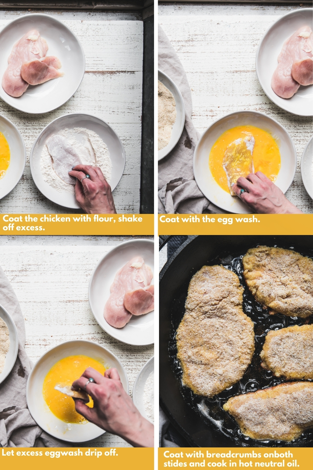 collage of step by step photos to make chicken milanese