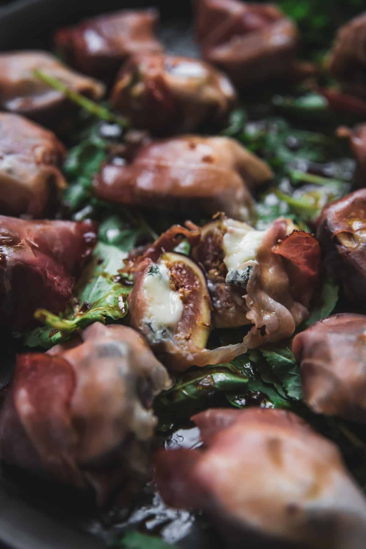 Close up of the center of a cheese stuffed fig