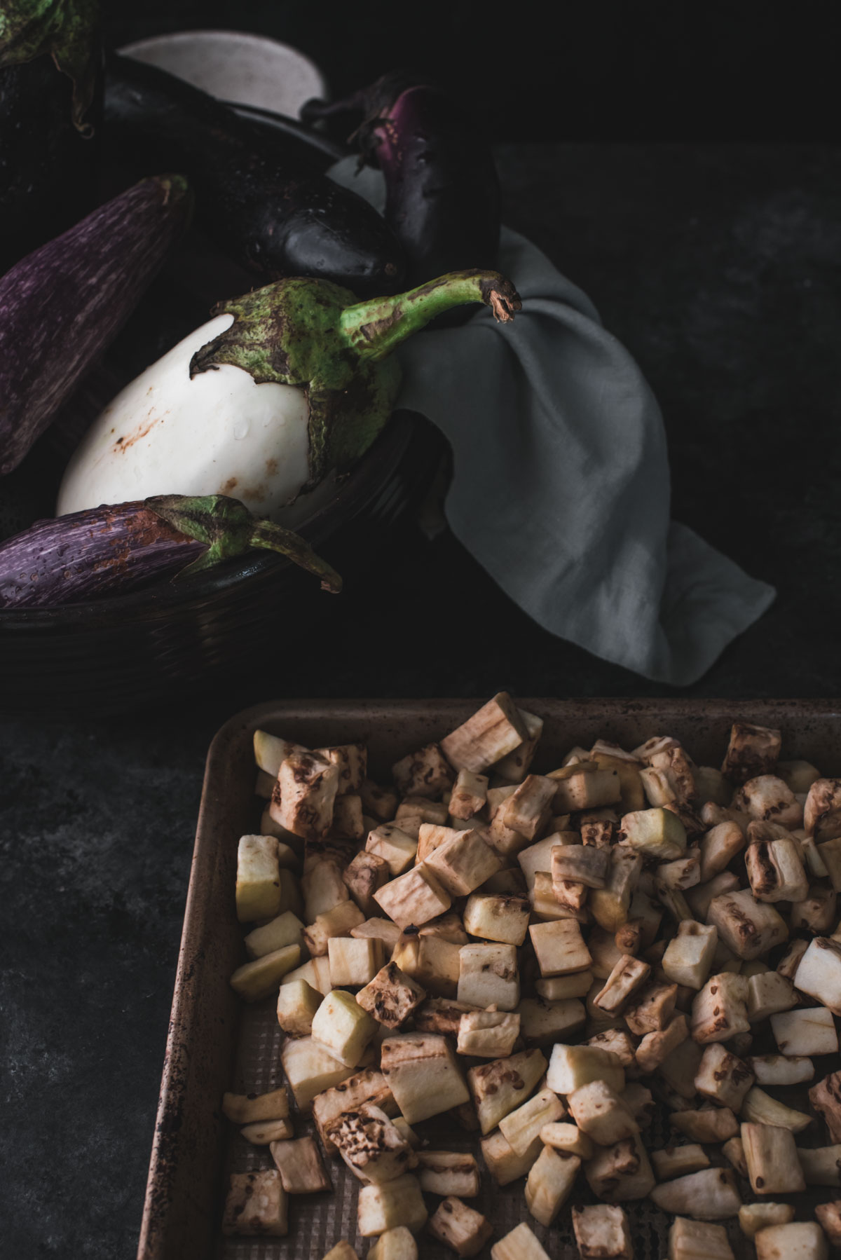 pressed diced eggplant on a sheet tray