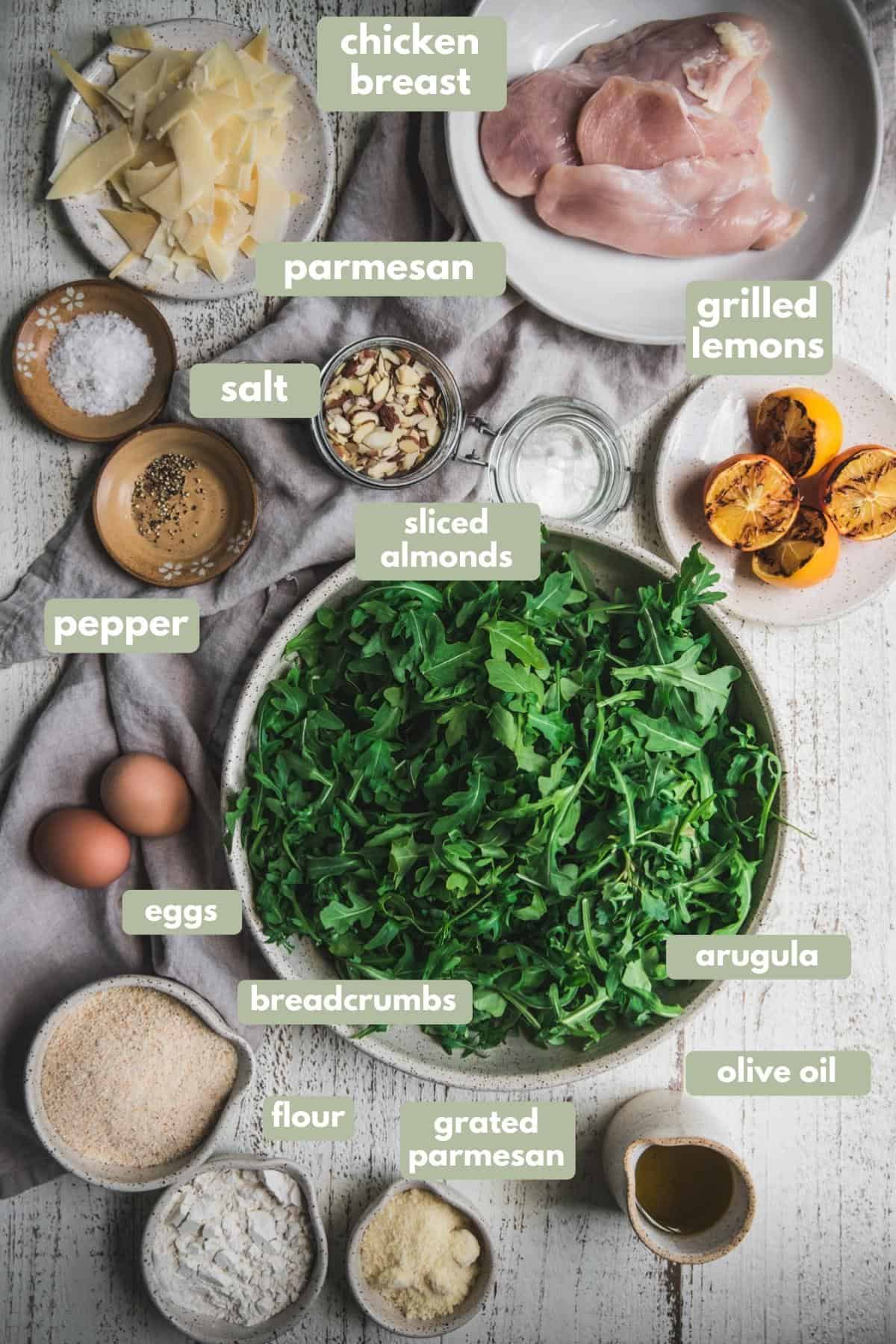 labeled ingredients for chicken milanese with arugula salad