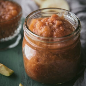 side angle of applesauce in a jar