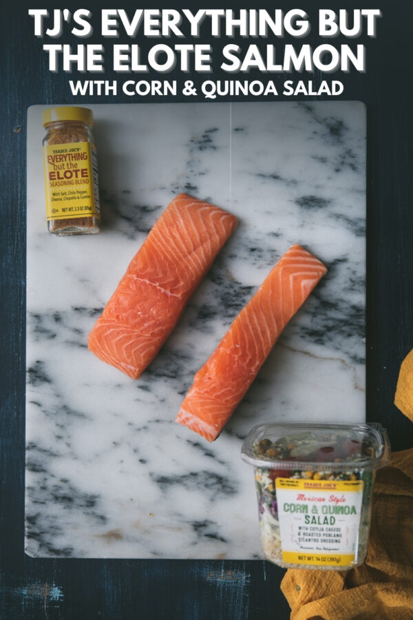 overhead photo of salmon fillets and trader joes products
