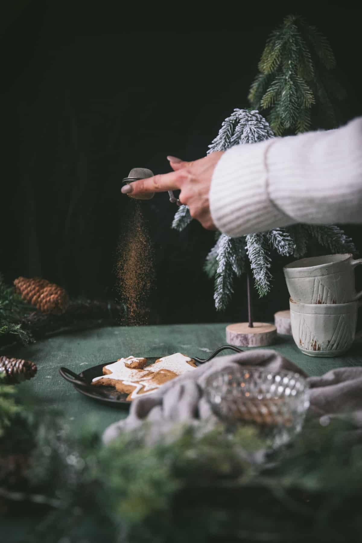 dusting gingerbread spice over cookies