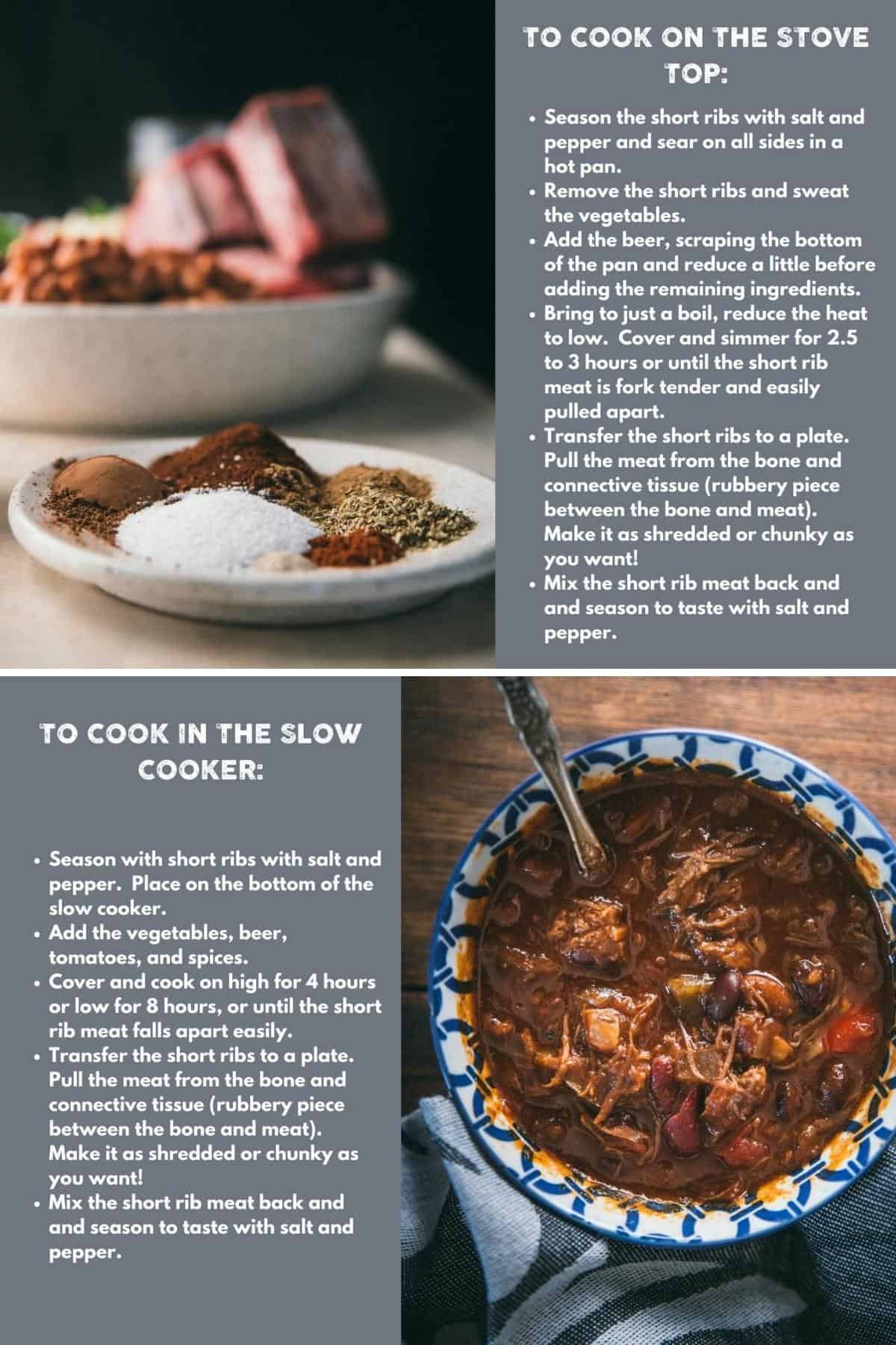 collage of photos and directions for making short rib chili