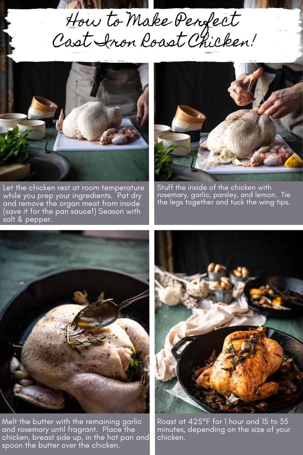 collage of step by step photos making roasted whole chicken in a cast iron pan