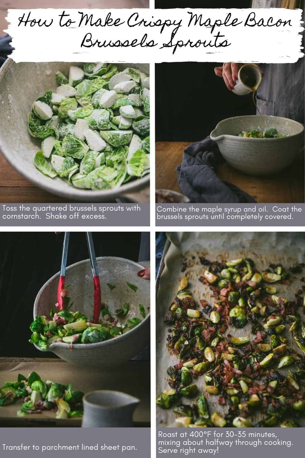 collage of step by step photos for roasted brussels sprouts
