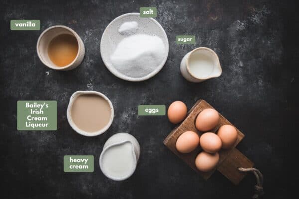 labeled ingredients for making Baileys Ice Cream