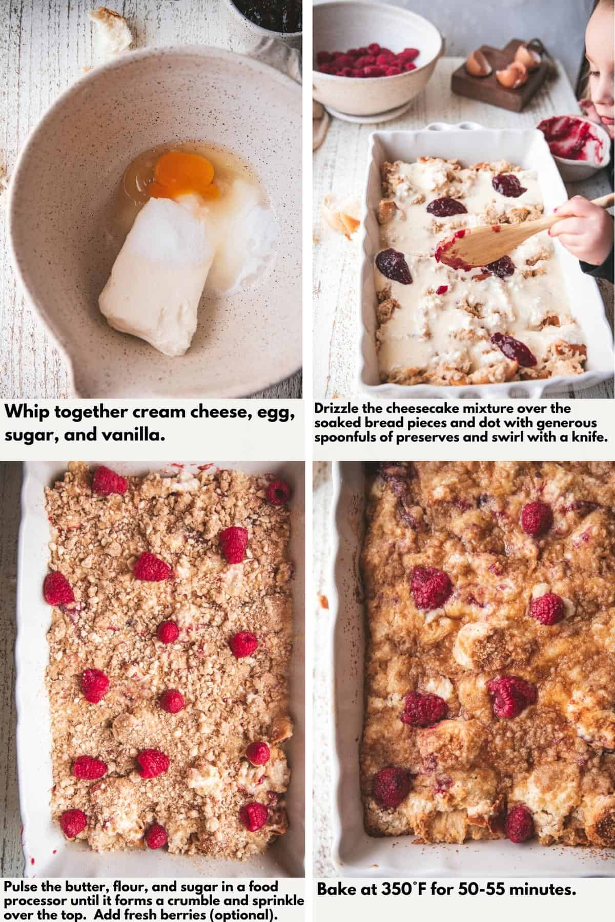 step by step process shots for raspberry cheesecake french toast bake