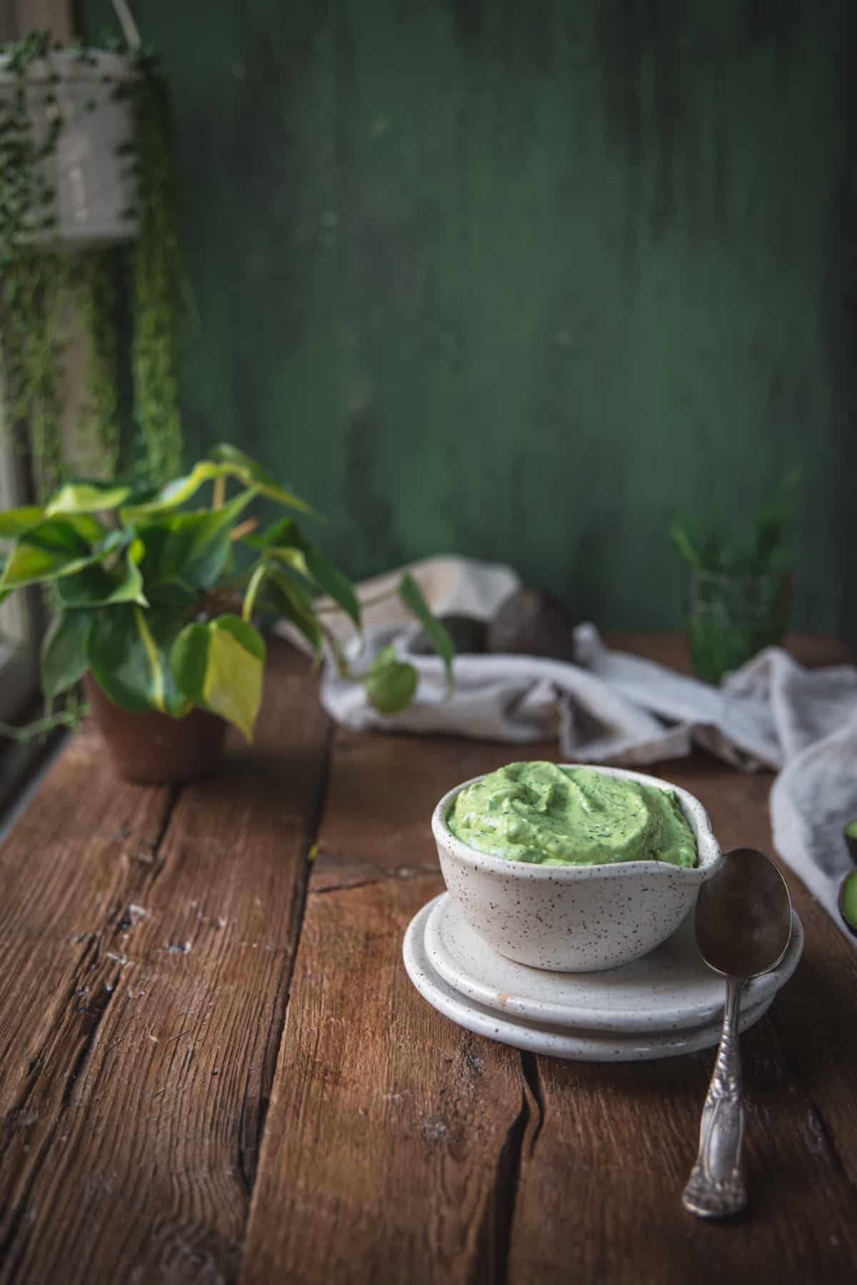 window light avocado green goddess in a bowl