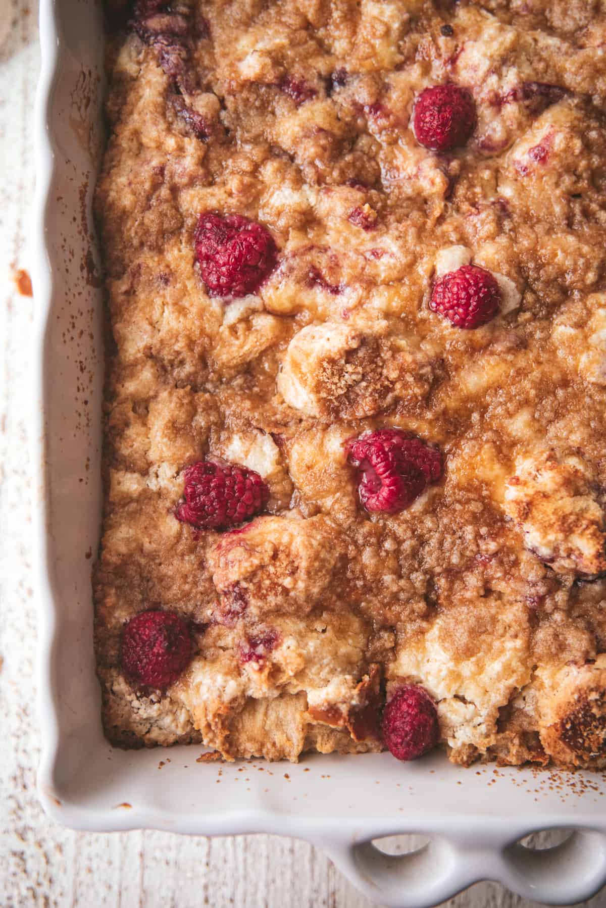 overhead close up of melted crumble on top of french toast casserole