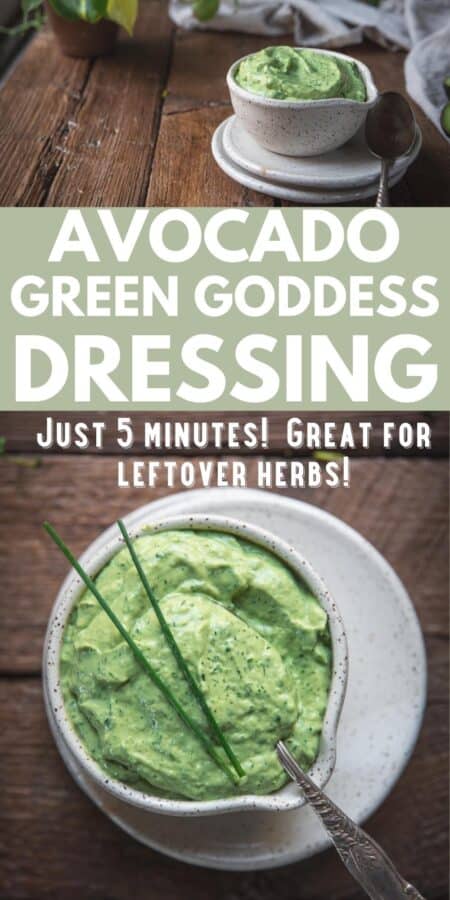 close up of green goddess dressing in a bowl topped with pieces of chive with text for pin image