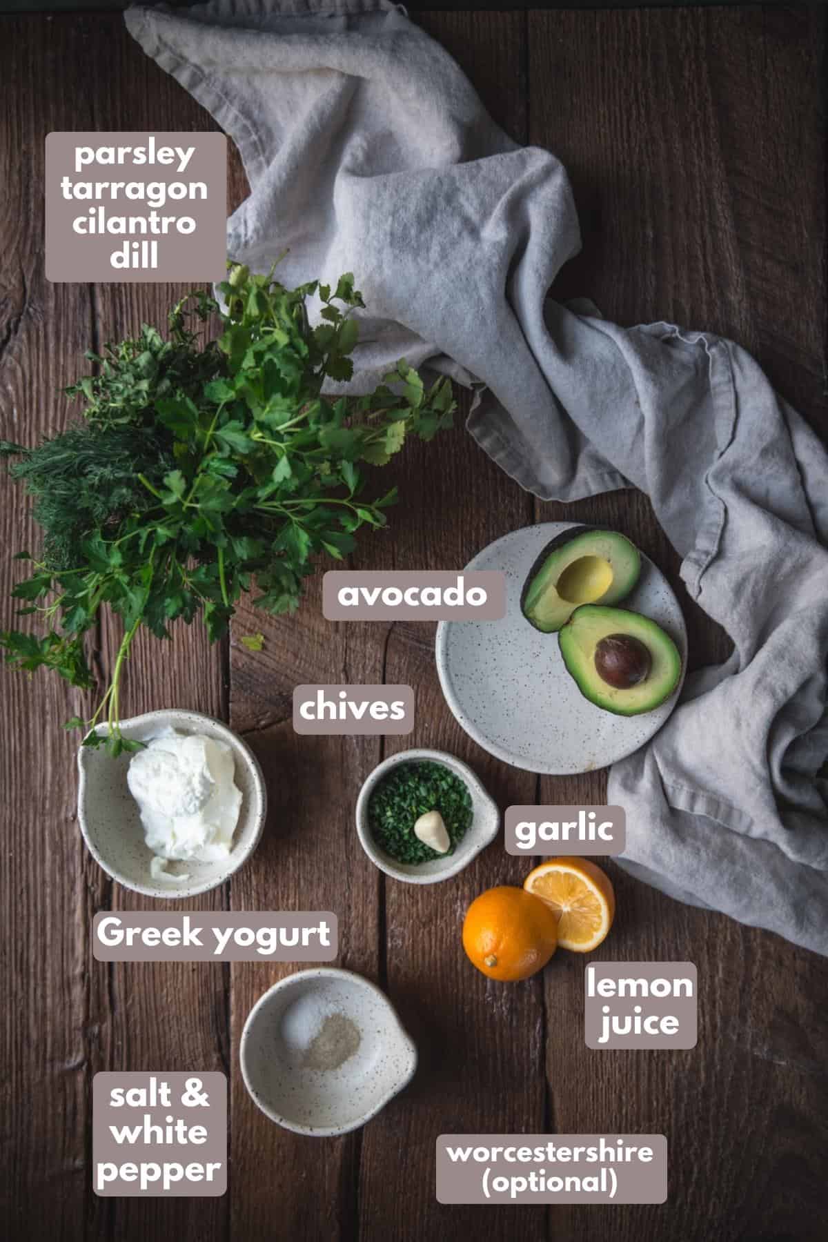 labelled ingredients for avocado green goddess dressing