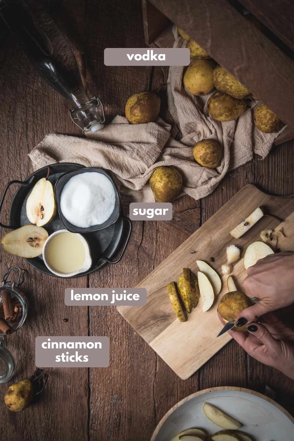 labeled ingredients for cinnamon pear liqueur