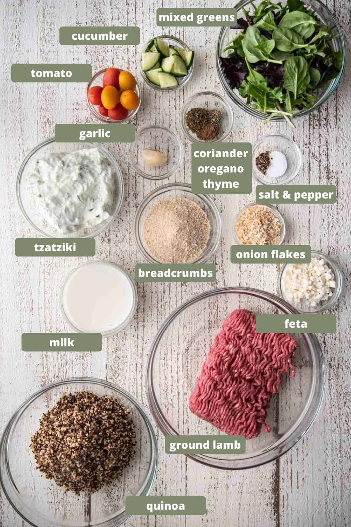 labeled ingredients for making lamb meatball quinoa bowls