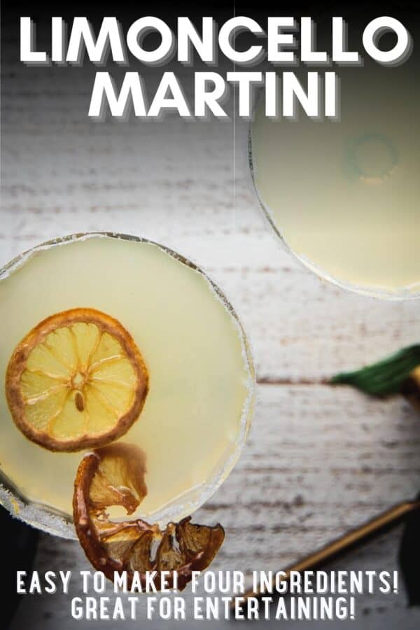 overhead photo of limoncello martinis with sugared lemon wheel garnish
