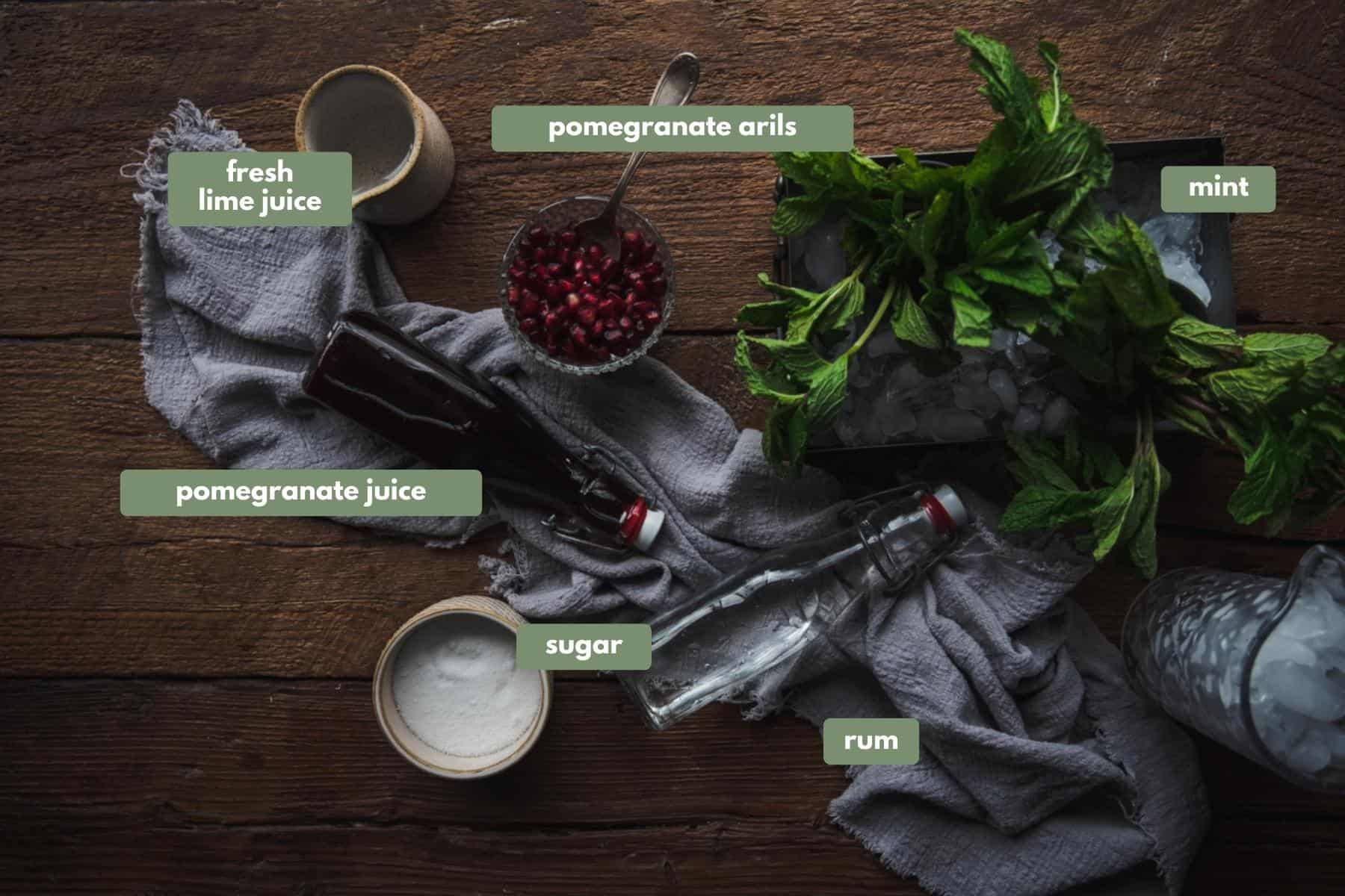 labeled ingredients for pomegranate mojitos