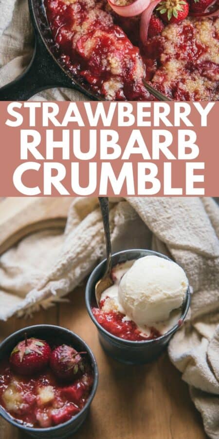 collage of strawberry rhubarb crumble for pinterest in
