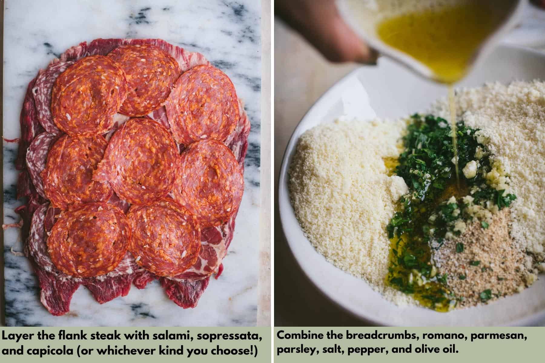 Right side picture: Flank steak on a white marble chopping board covered in dried cured meat.
Left side picture: A white plate with breadcrumbs, grated hard cheese, fresh parsley and salt and pepper. Olive oil is being drizzeled all over the top of the ingredients.