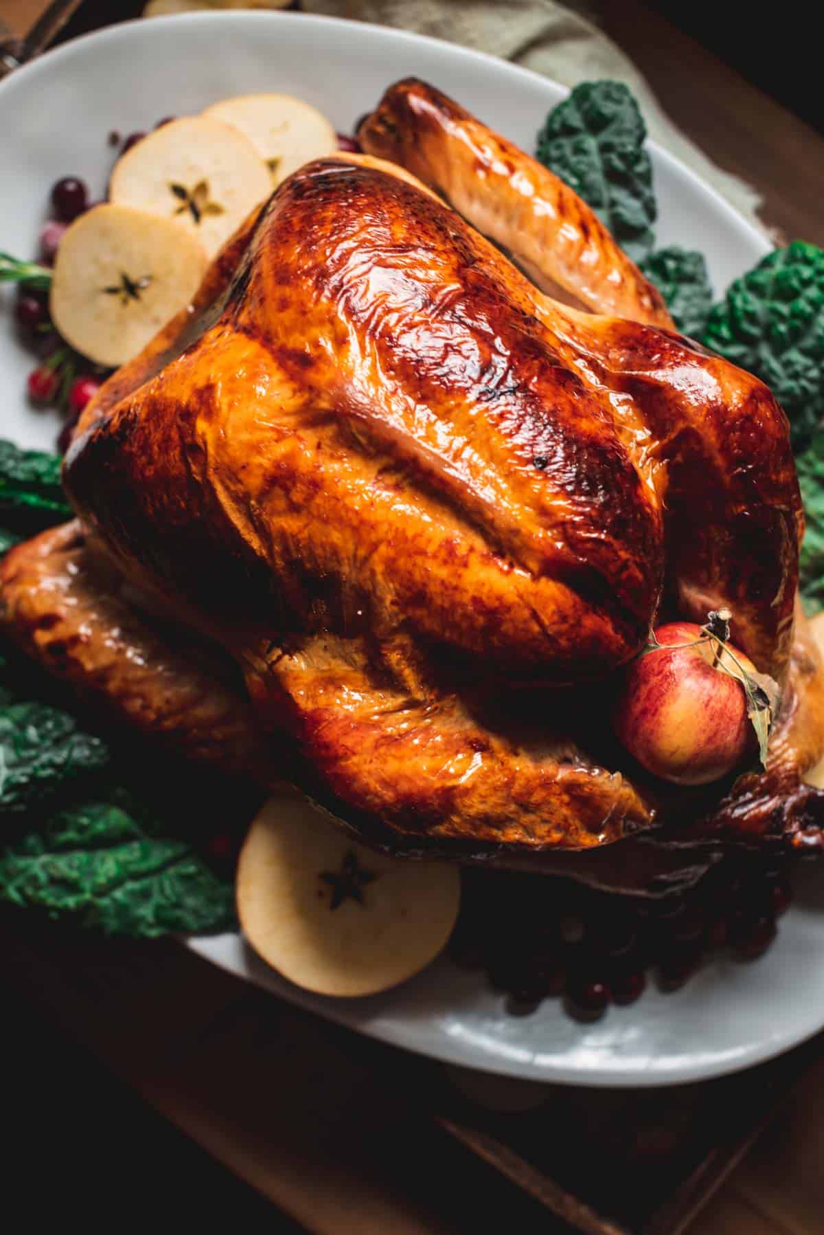 View from above of apple cider brined turkey. The skin is brown and crispy. It is sitting on a white platter garnished with slices of apple, cranberries and salad leaves.