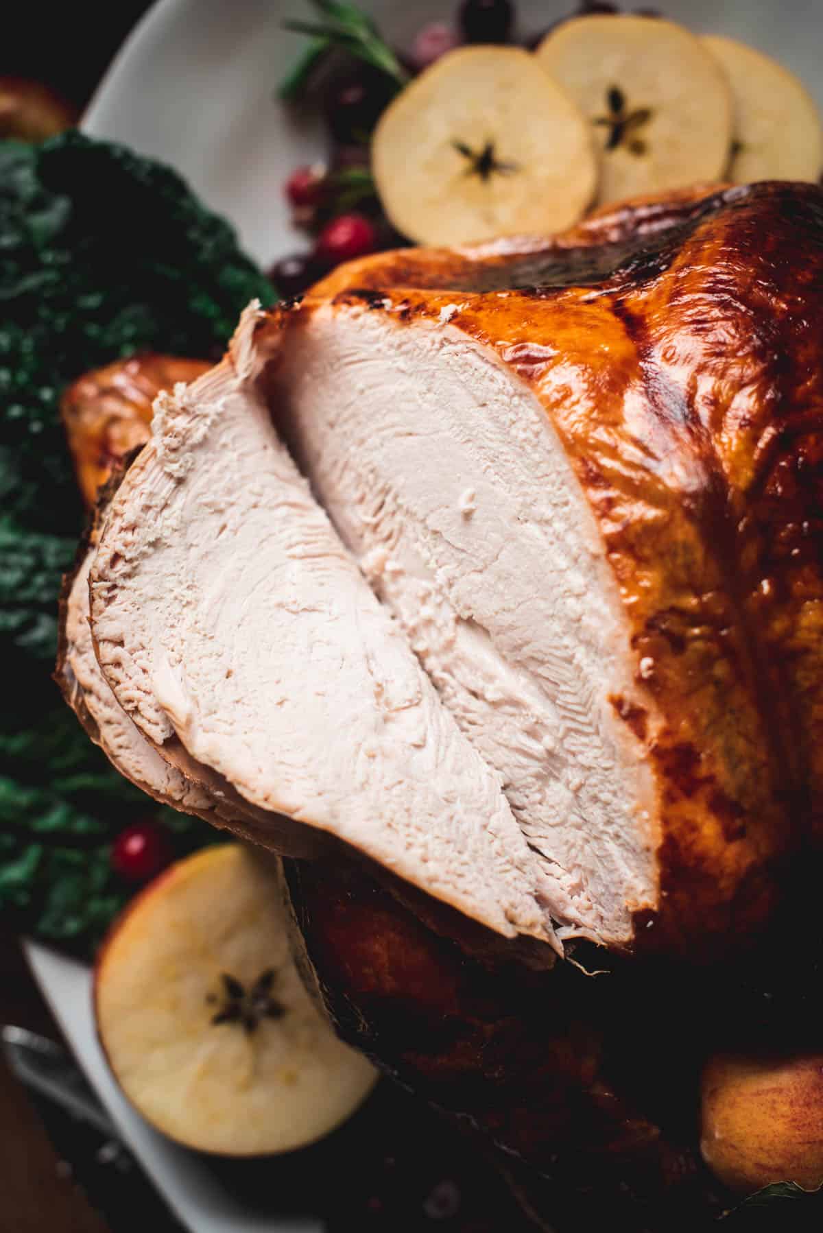 Close up of perfectly baked turkey. The skin is brown and crispy, it has been sliced into so you can see the moist white meat underneath.