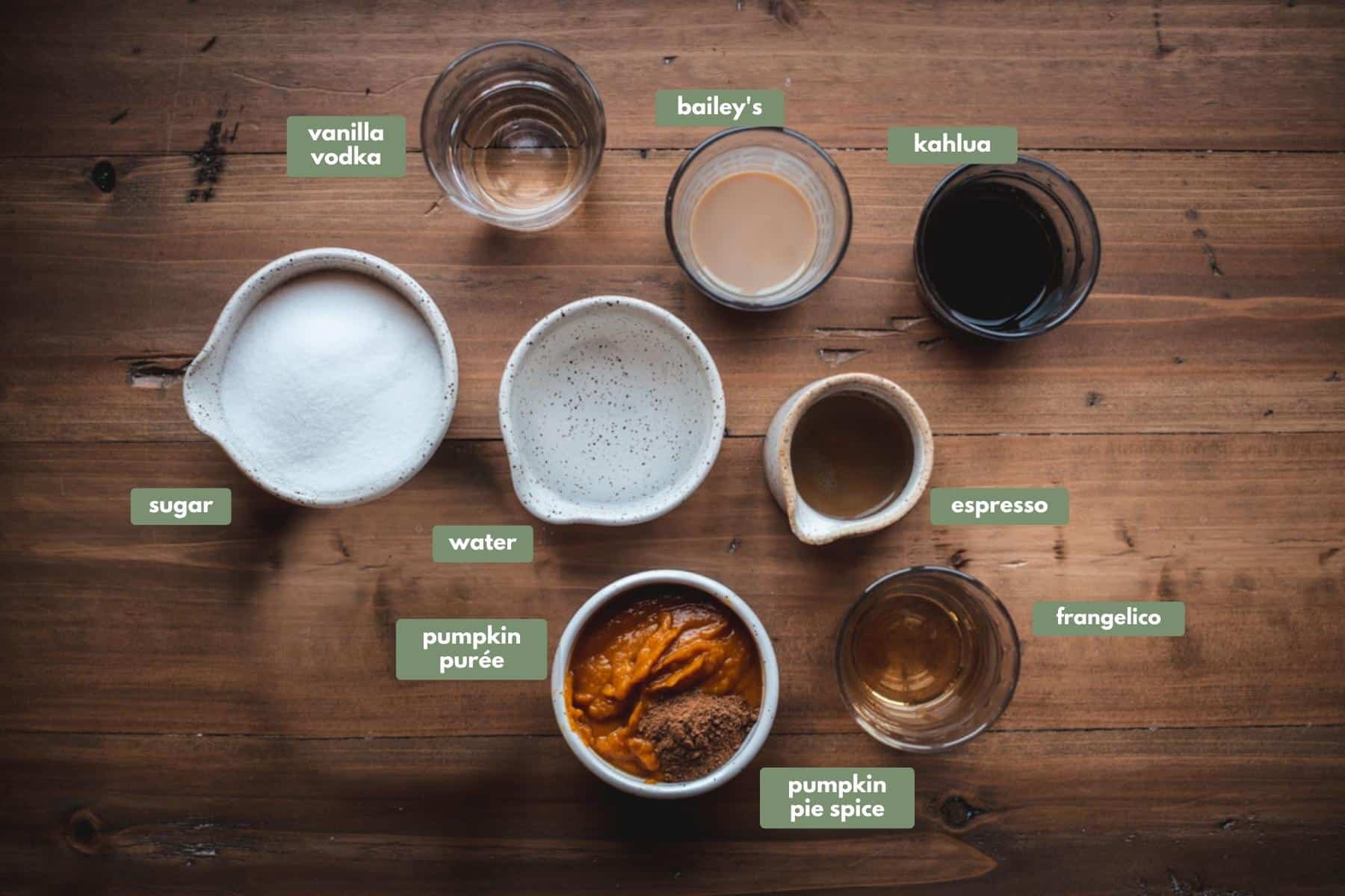 All the ingredients needed to make this pumpkin spice cocktail sitting on a wooden table. Baileys is in a clear glass, as well as some vanilla vodka, kahlua and frangelico. Pumpkin puree and pumpkin spice are sitting in a white ramekin dosh next to a white terrazzo bowl of water. There is a small white ceramic jug filed with espresso and a bowl of white sugar.