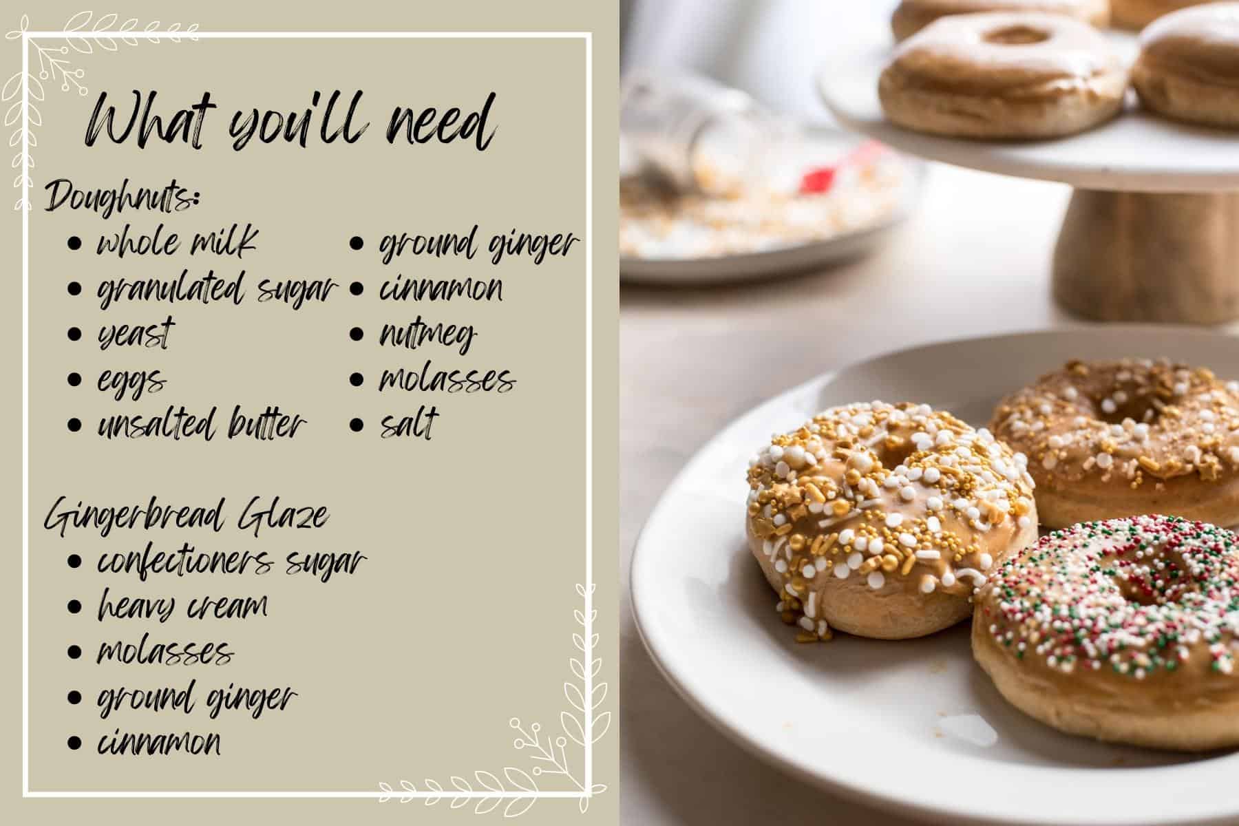 On the left hand side is a list of ingredients required to make this recipe, on a cream/khaki background with a white frame. To the right there is an image with 3 gingerbread doughnuts topped with various sprinkles on a white plate. Behind that is a cake stand holding more doughnuts. 