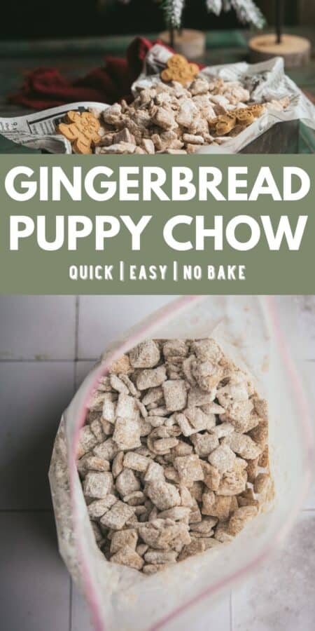 collage of gingerbread puppy chow photos for pinterest pin
